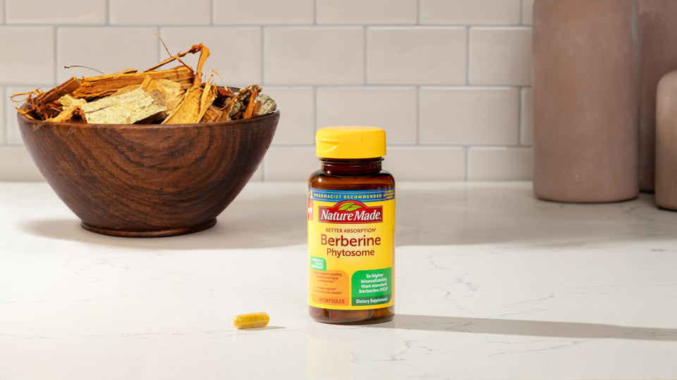 Nature Made® Berberine Phytosome Capsules with barberry root in a bowl