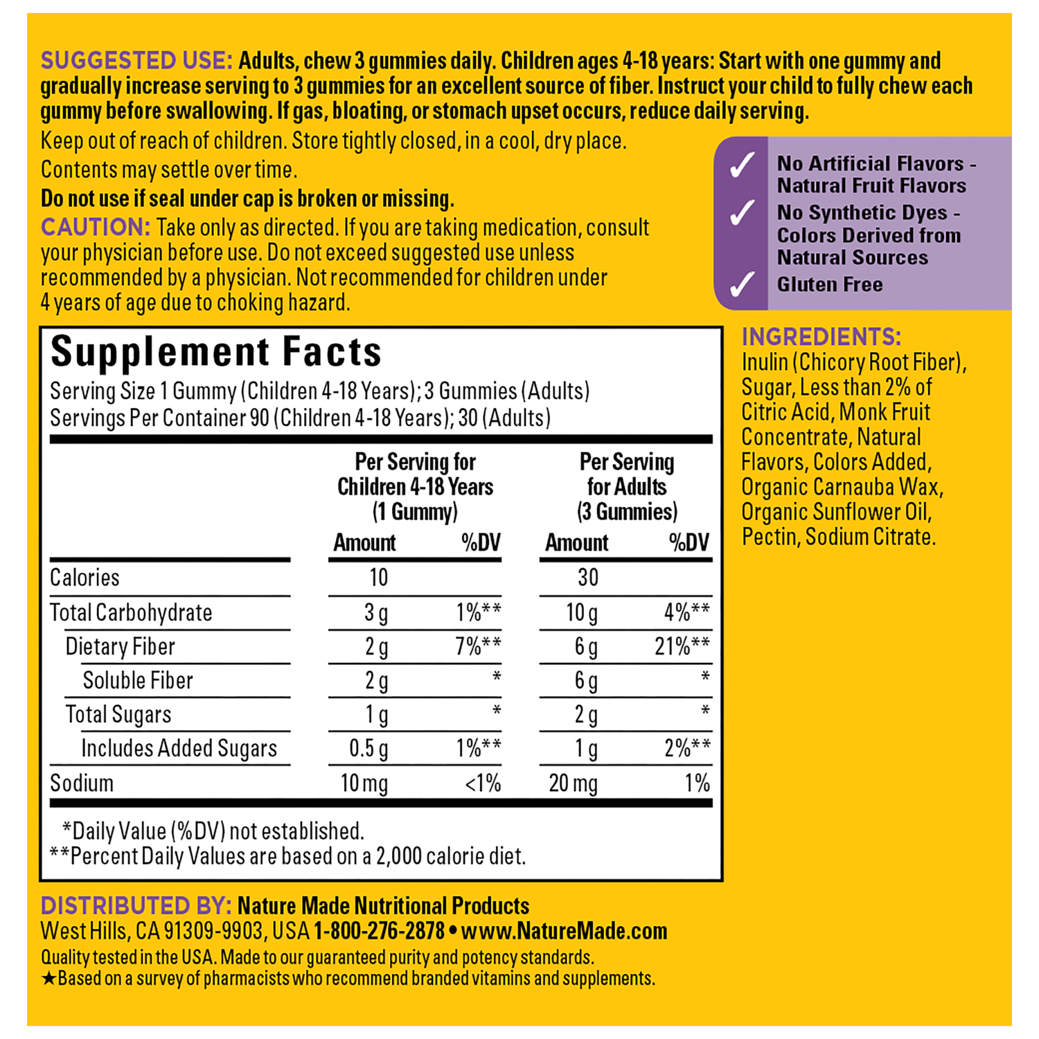 Nature Made Prebiotic Fiber Gummies Supplement Facts Panel 90 count.