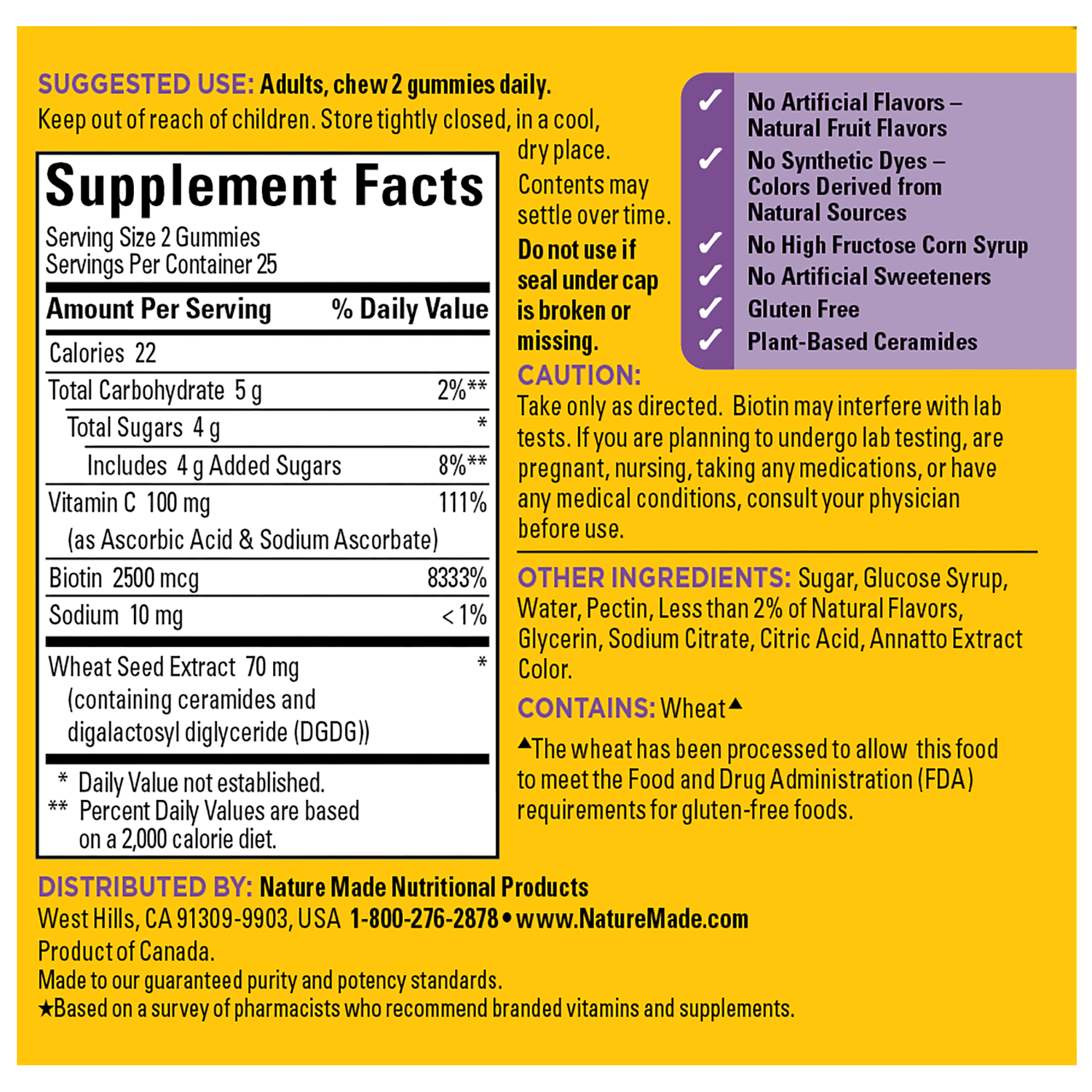 Nature Made Skin Hydration plus Ceramides Gummies Supplemental Facts Panel – 50 count