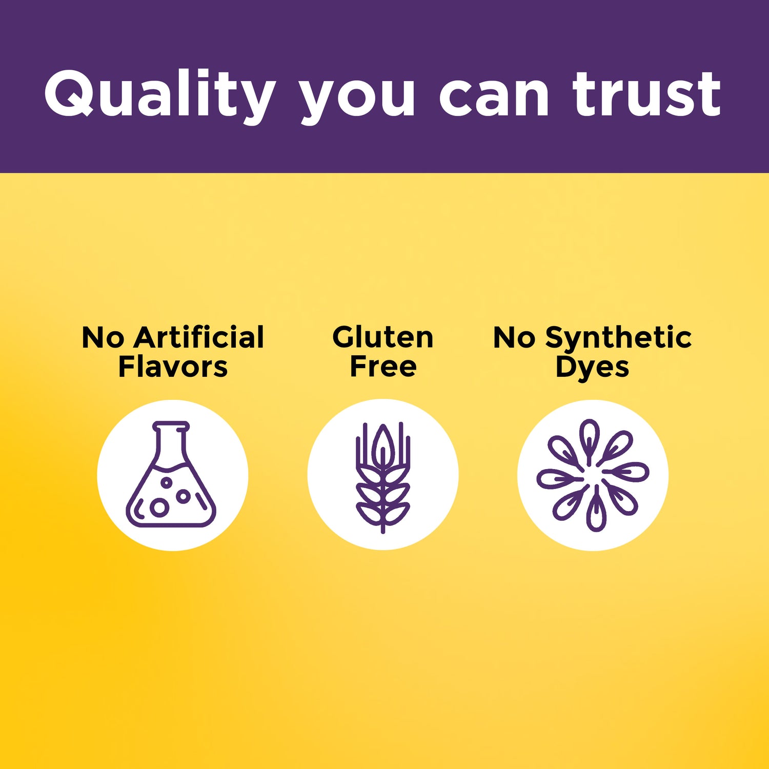 Quality you can trust: No artificial flavors, no synthetic dyes, gluten free.