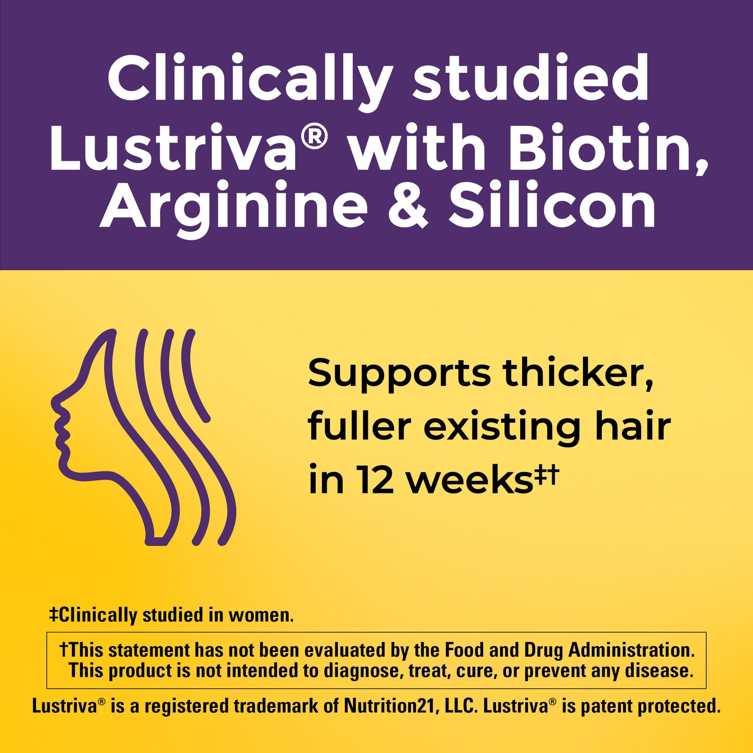 Lustriva with Biotin, Arginine, and Silicon. Clinically studied to support thicker, fuller existing hair in 12 weeks. Clinically studied in women. These statements have not been evaluated by the Food and Drug Administration. This product is not intended to diagnose, treat, cure, or prevent any disease.