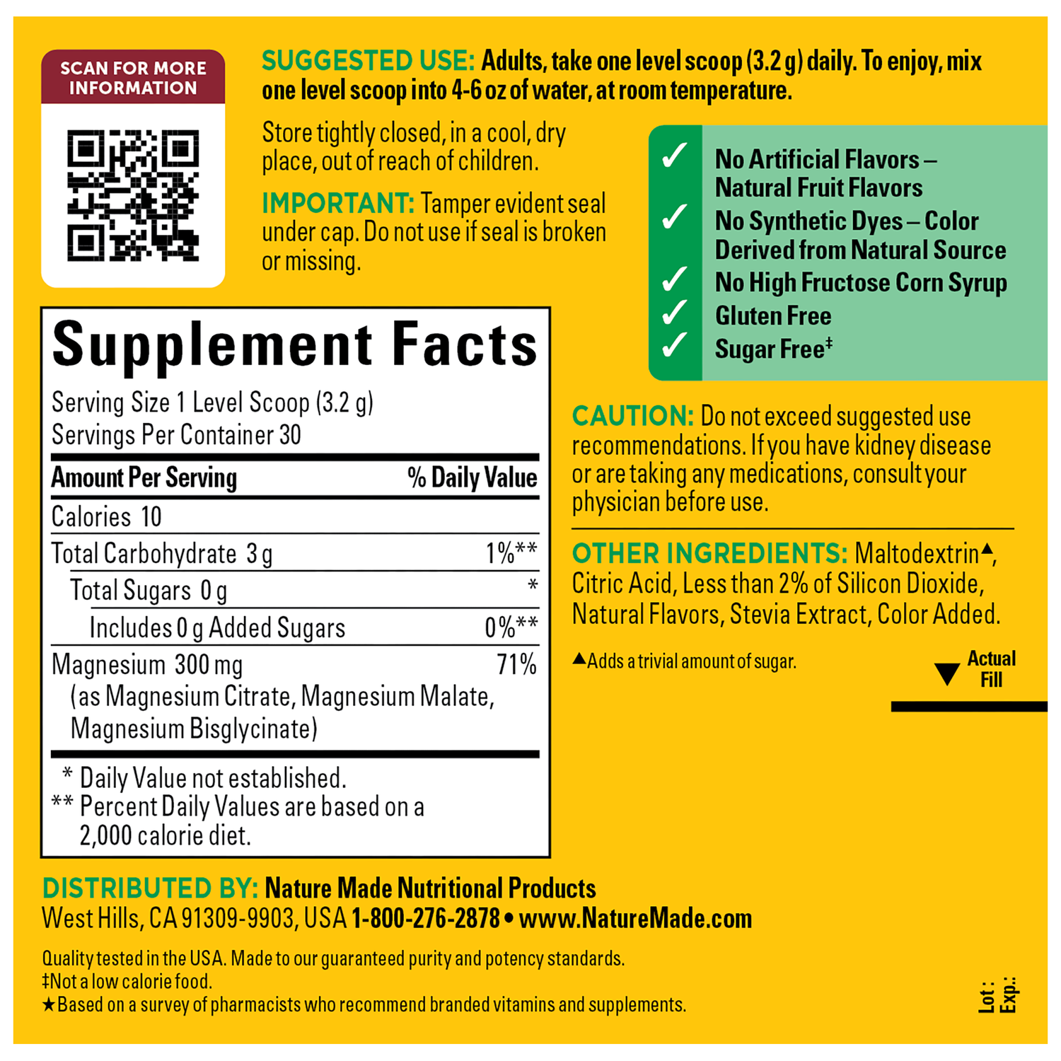 Nature Made High Absorption Magnesium Complex Powder Supplement Facts Panel – 30-day supply. Magnesium Citrate and Glycinate are better absorbed than Magnesium Oxide.