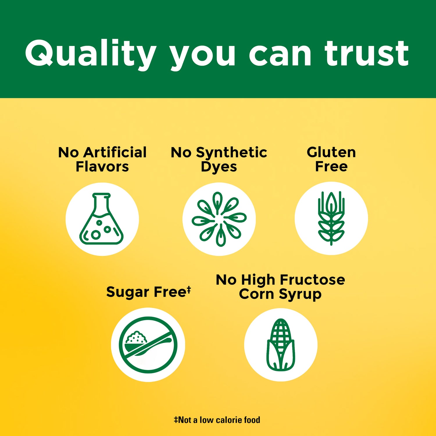 Quality you can trust: No artificial flavors, no synthetic dyes, no high fructose corn syrup, gluten free, sugar free. Not a low calorie food.