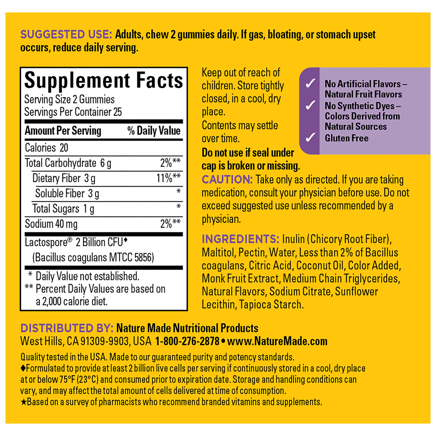 Nature Made Probiotic Plus Prebiotic Fiber Gummies Supplement Facts Panel - 50 count.