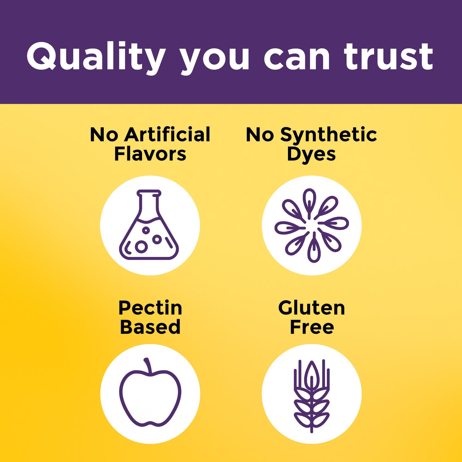 Quality you can trust: No Artificial Flavors. No Synthetic Dyes. Gluten Free. Pectin Based.