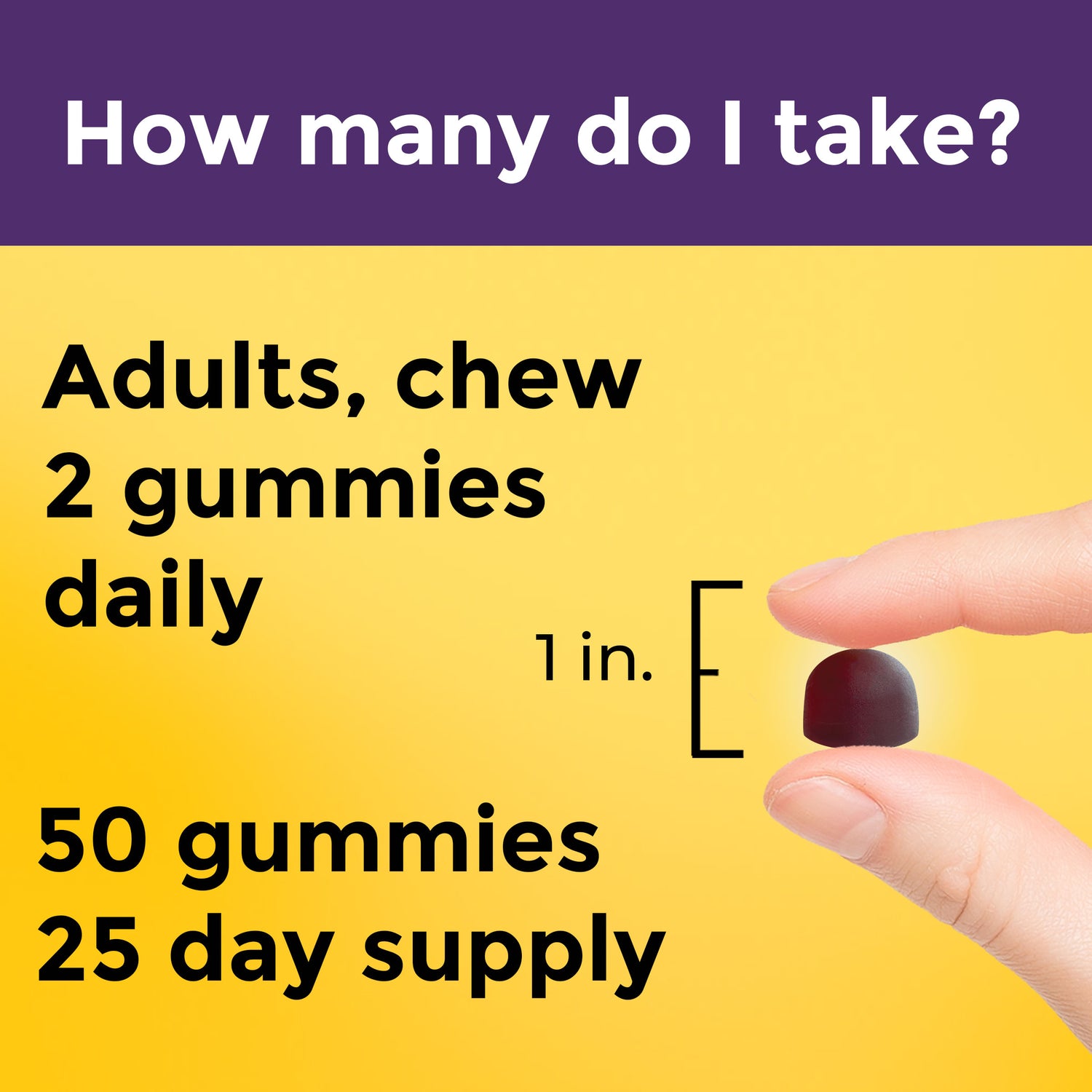 Nature Made Probiotic Plus Prebiotic Fiber Gummies Supplement: 50 gummies; 25 day supply. Adults chew two gummies (approximately 1/2 inch) daily.