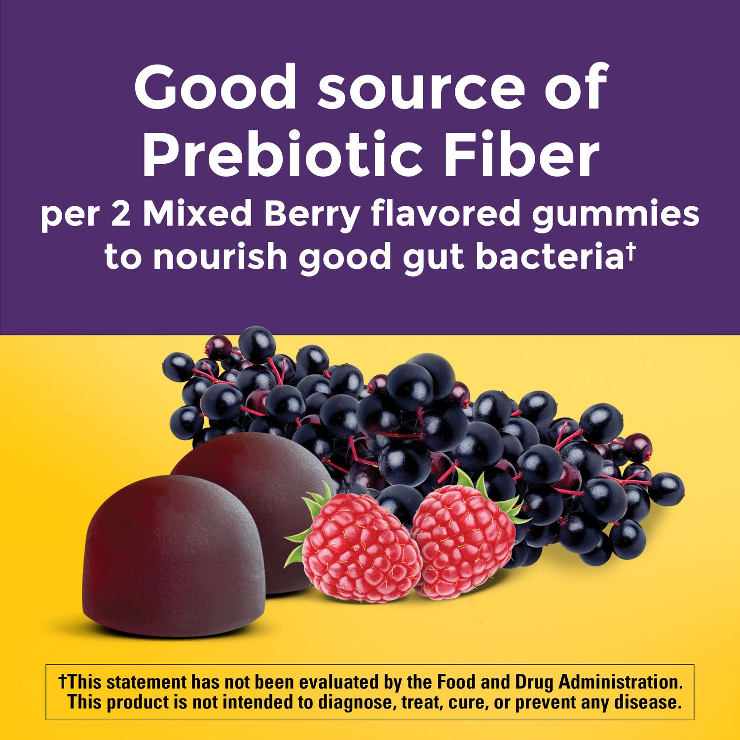 Nature Made Probiotic Plus Prebiotic Fiber Gummies. 3 g of Prebiotic Fiber per 2 Mixed Berry flavored gummies to nourish good gut bacteria. This statement has not been evaluated by the Food and Drug Administration. This product is not intended to diagnose, treat, cure, or prevent any disease.