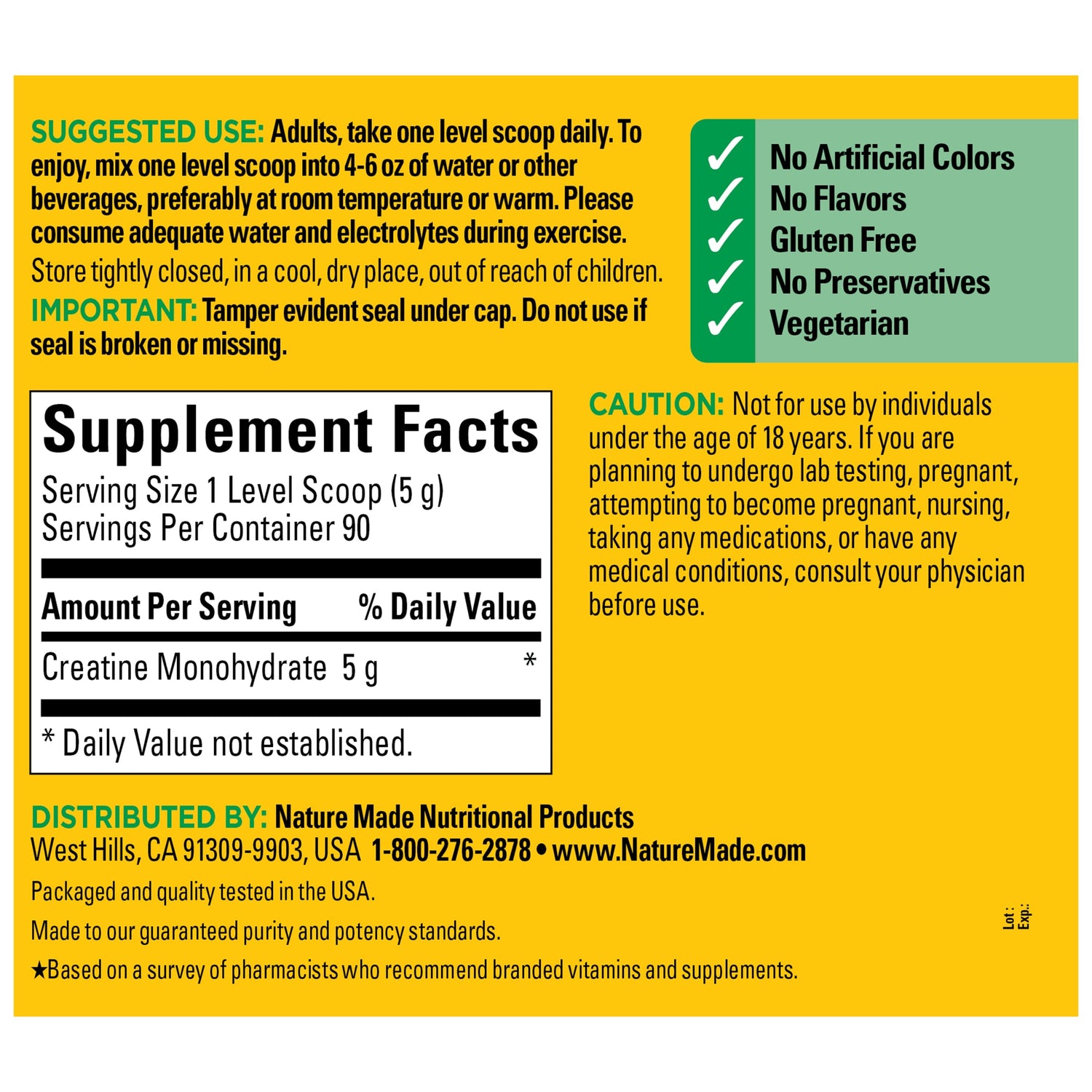 Nature Made Creatine Monohydrate Powder Supplement Facts Panel - 90 day supply.