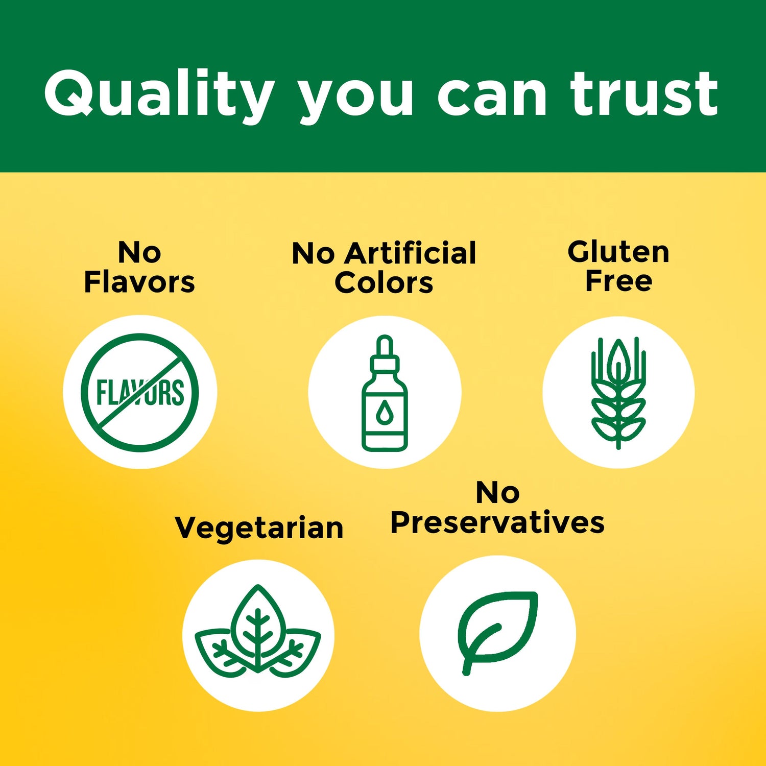 Quality you can trust: No artificial colors, no preservatives, no flavors, gluten free, vegetarian.